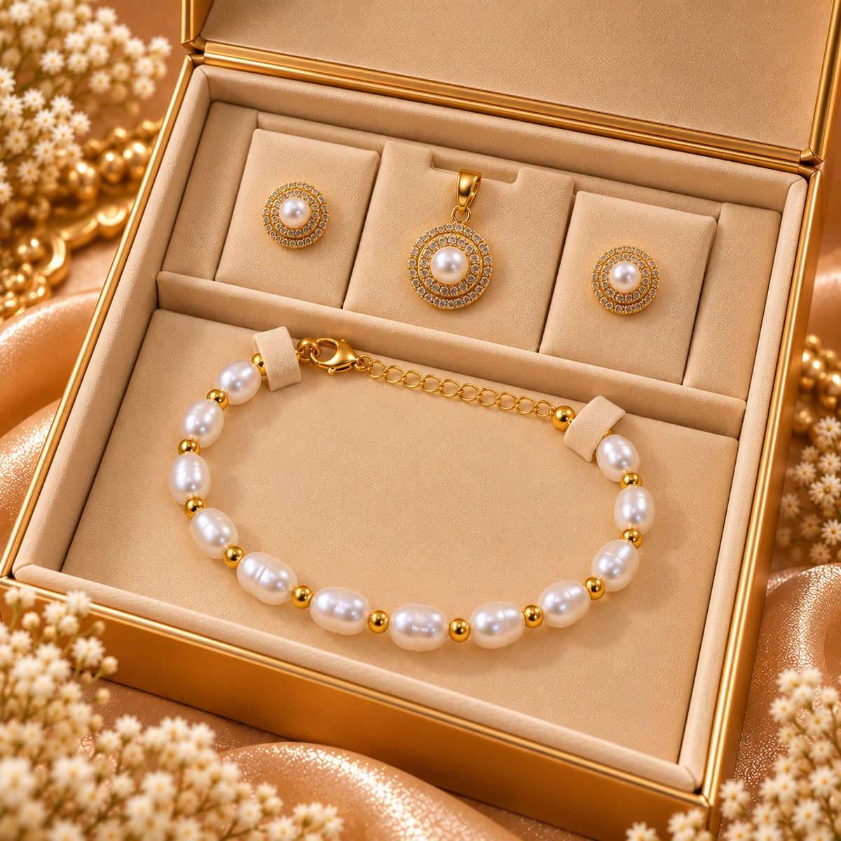 A gold jewelry set displayed in an open beige jewelry box, featuring a pearl bracelet with gold spacer beads, a matching pendant, and two matching stud earrings.