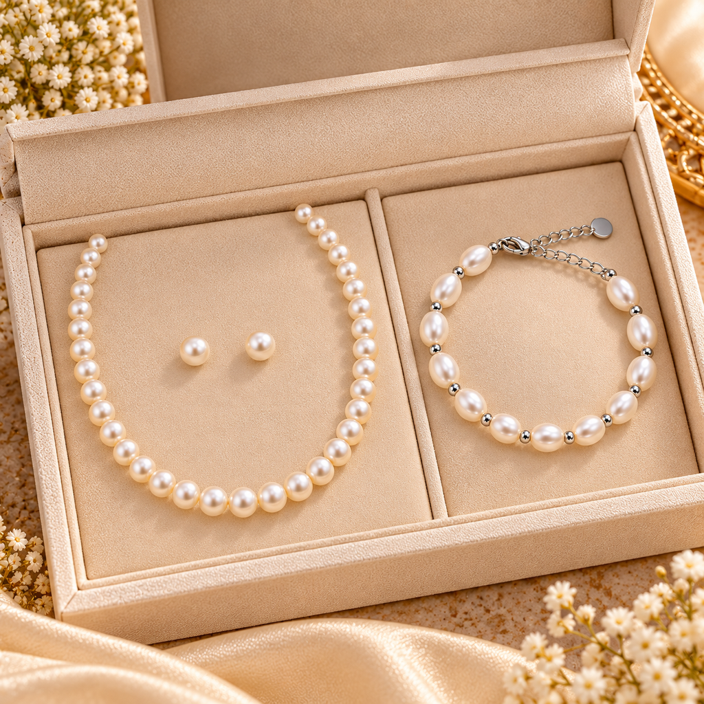 A pearl necklace and matching pearl stud earrings displayed in a beige jewelry box next to a matching pearl bracelet with silver-toned beads and chain, set on a satin fabric background with small white flowers.