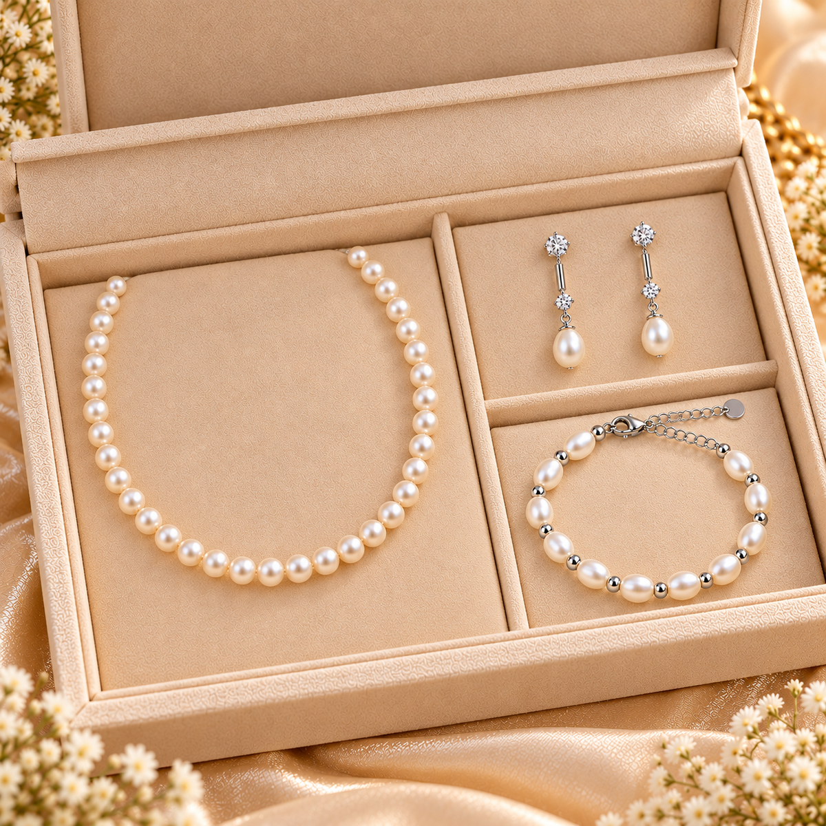 A pearl jewelry set displayed inside an open beige velvet jewelry box, including a pearl necklace, matching pearl earrings with silver-toned drops and clear stones, and a pearl bracelet with silver-toned beads and chain.