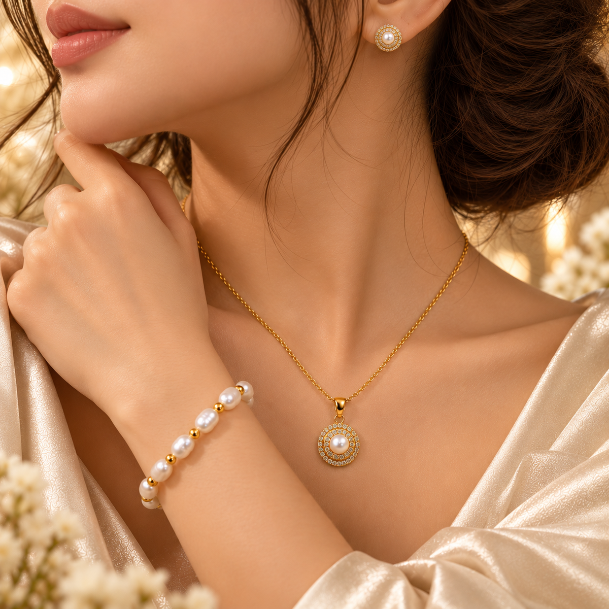 A close-up lifestyle shot of a woman wearing a gold necklace with a round pearl pendant, a matching pearl bracelet, and a pearl earring, styled with a satin robe.