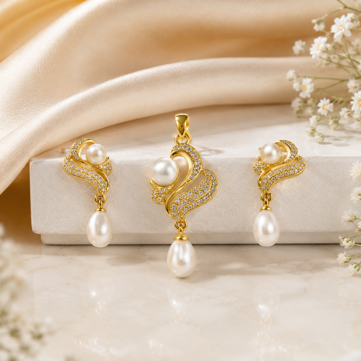 Gold jewelry set with a pendant and matching drop earrings, each featuring a white pearl and pavé-set stones, displayed on a white block with draped satin and small white flowers.
