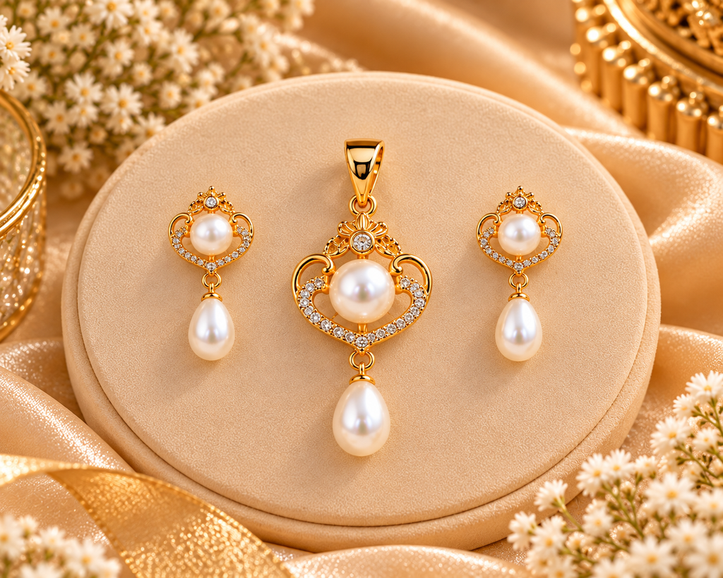 Gold jewelry set with a pendant and two matching drop earrings, each featuring a white pearl and small clear stones, displayed on a round beige jewelry stand with satin fabric and white flowers around it.