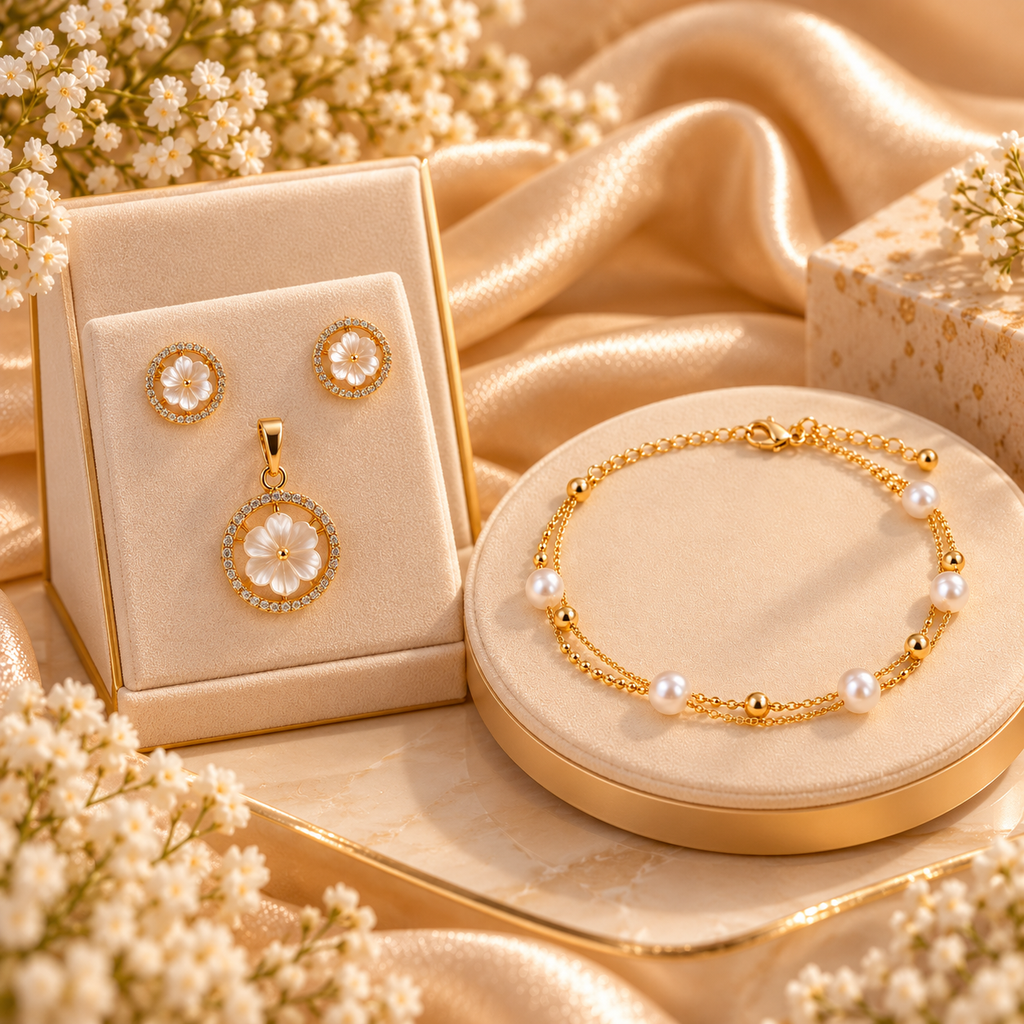 Gold jewelry set with a pendant, earrings, and bracelet displayed on cream jewelry boxes and a round stand, surrounded by white flowers and satin fabric.
