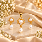 Gold jewelry set with a pendant necklace and two matching drop earrings, each featuring a white pearl surrounded by small clear stones and a larger teardrop pearl below, displayed on beige satin fabric with white flowers.