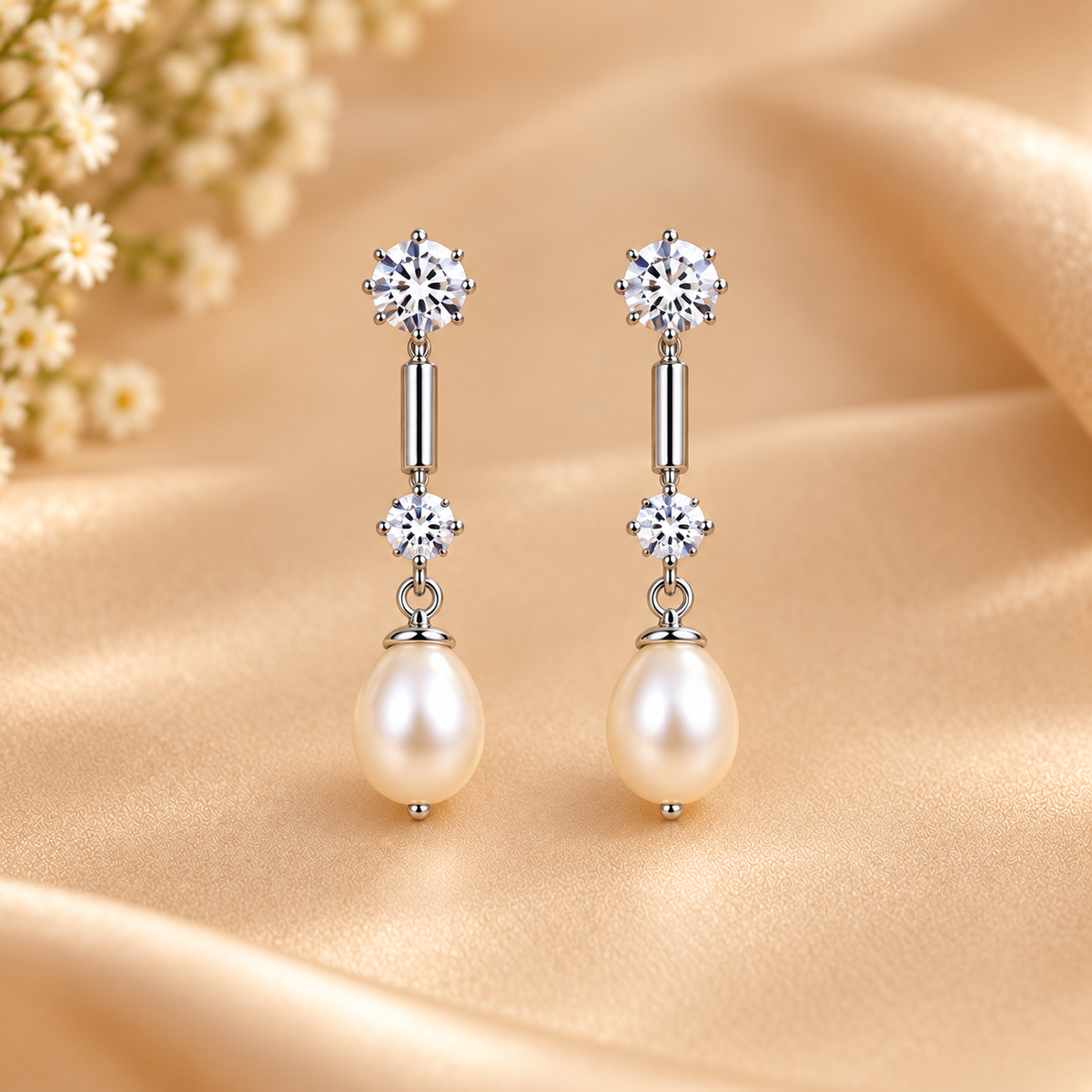 A pair of silver drop earrings with clear round-cut stones and a large white pearl at the bottom, displayed on a soft beige satin fabric with small white flowers in the background.