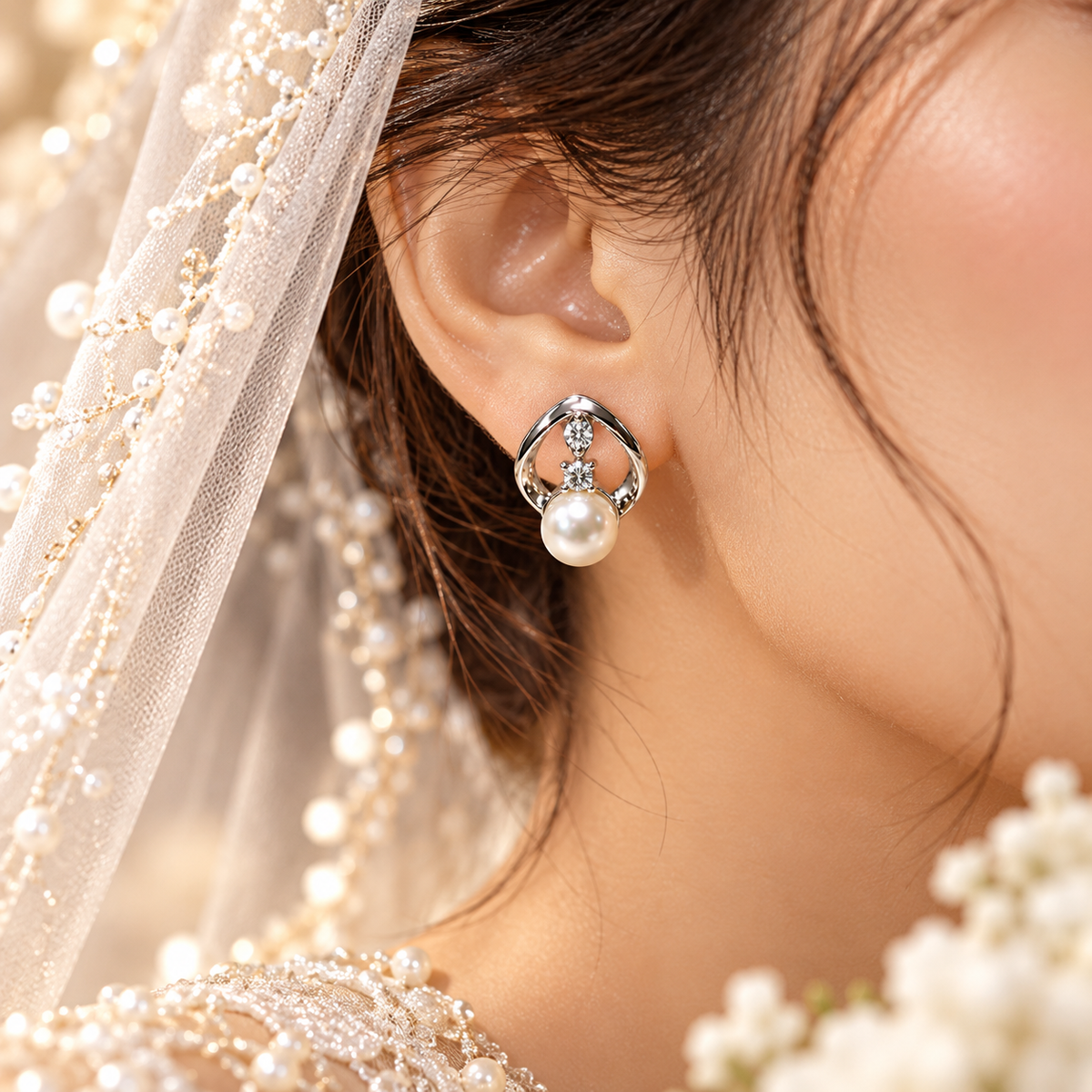 White Polish Freshwater Pearl Stud Earrings in White Gold / Rhodium | Pearl Earrings for Women | Krishna Pearls & Jewellers