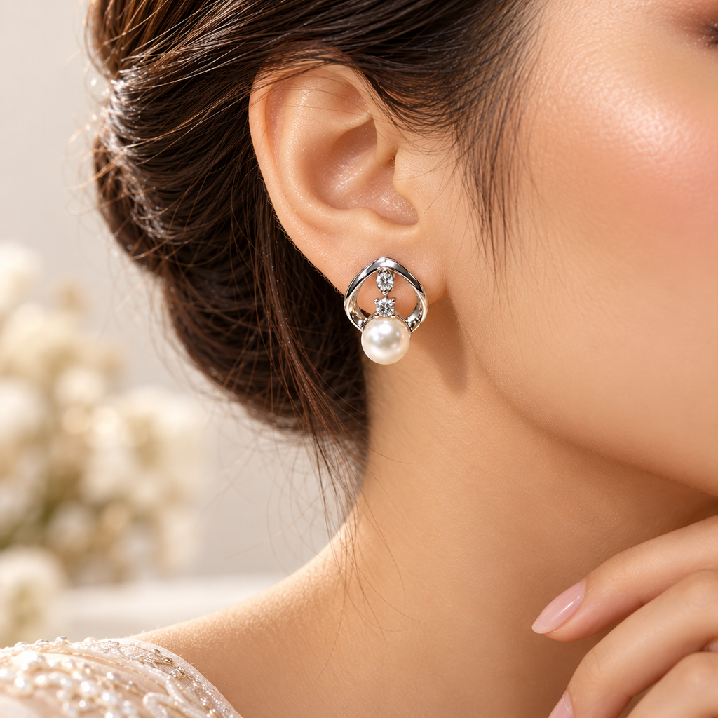 White Polish Freshwater Pearl Stud Earrings in White Gold / Rhodium | Pearl Earrings for Women | Krishna Pearls & Jewellers