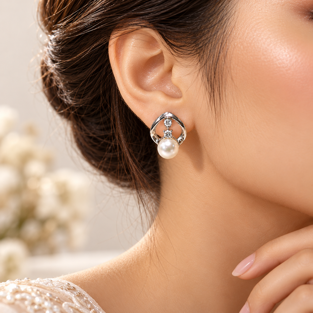 White Polish Freshwater Pearl Stud Earrings in White Gold / Rhodium | Pearl Earrings for Women | Krishna Pearls & Jewellers