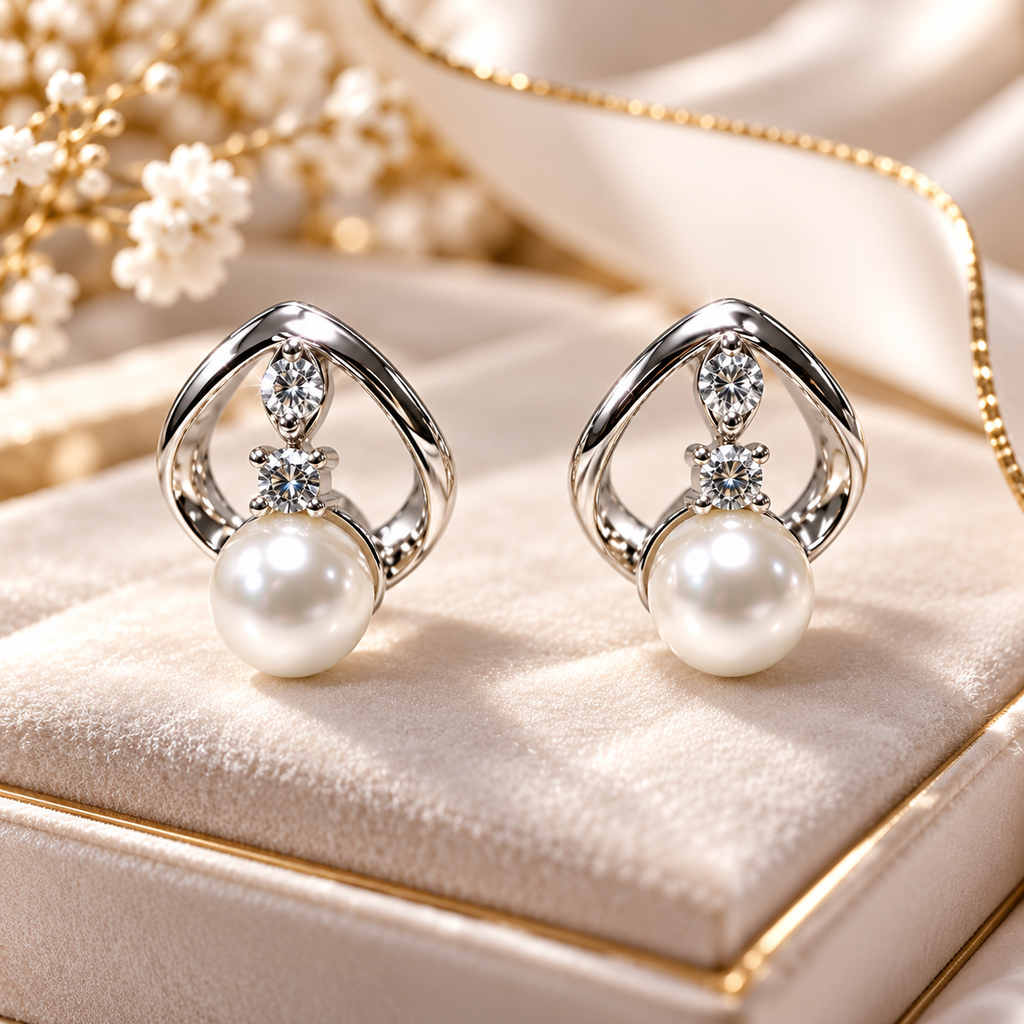 White Polish Freshwater Pearl Stud Earrings in White Gold / Rhodium | Pearl Earrings for Women | Krishna Pearls & Jewellers