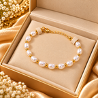 A gold chain bracelet with white freshwater pearls and small gold spacer beads, presented inside a beige jewelry box with decorative dried flowers.